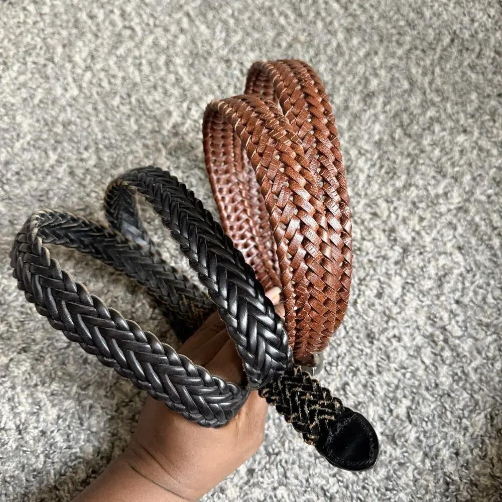 Vtg Brown Black Braided Belt Lot Woven Leather Belt Gold Silver Plate Buckle 42